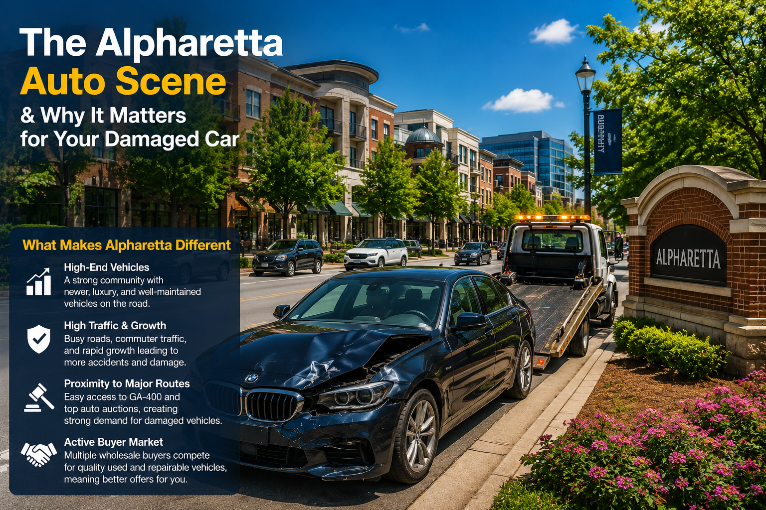 Sell your totaled car in Alpharetta. TrackWala buys direct—fair offer, free pickup, same-day payment.